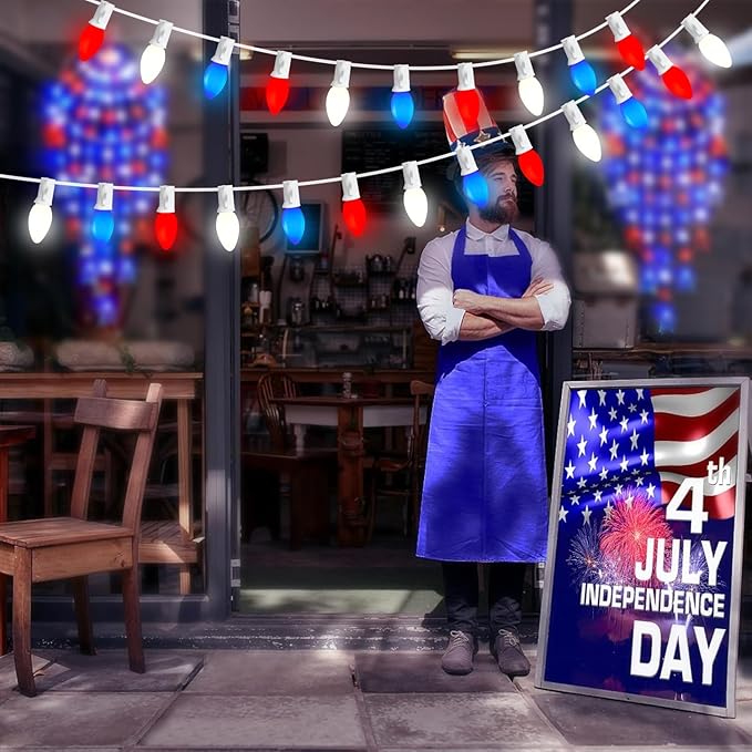 22.8 FT C7 LED 4th of July Decorations Lights with 20+3 Red White and Blue Lights Bulbs, Waterproof Outdoor String Light for Memorial Day Independence Day Patio Garden Bistro Patriotic Decor