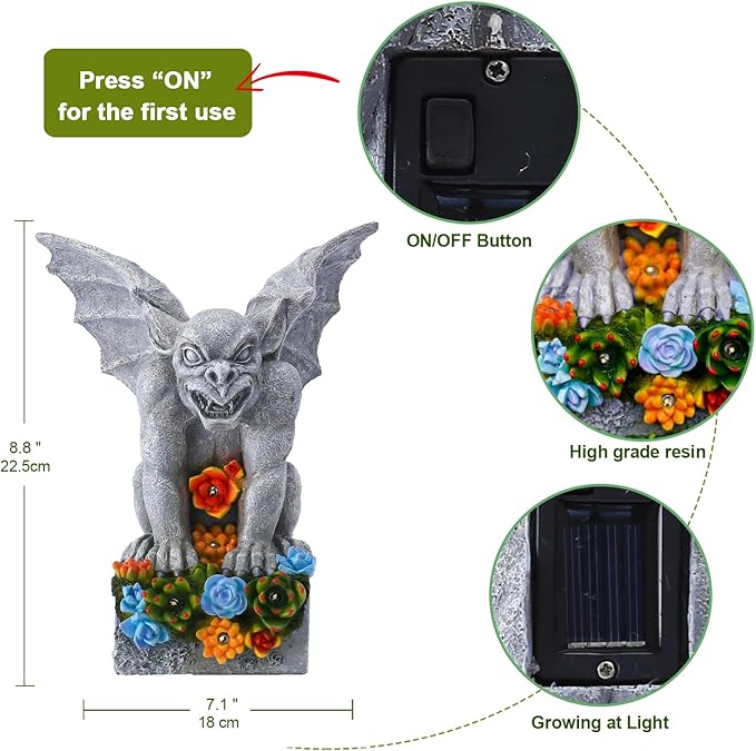 Solar Gothic Gargoyle Garden Statues: Outdoor Sculptures with Succulent Lights Decor for Patio Lawn Yard Art - Gifts for Mom Grandma