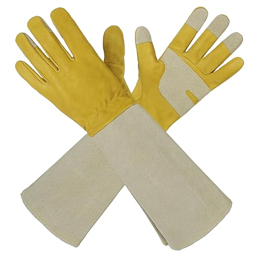 HLDD HANDLANDY Gardening Gloves Long Sleeve for Women Leather Garden Gloves Gardening Gifts for Gardener, Golden Yellow, L