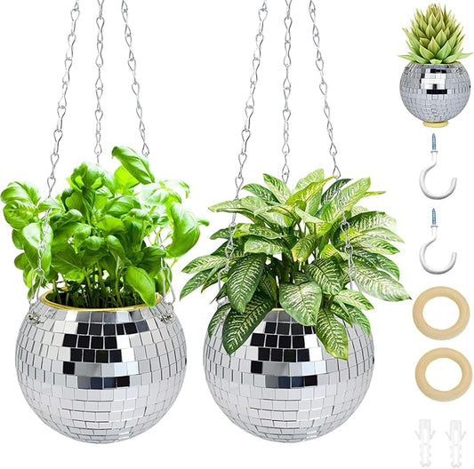 2Pcs Disco Ball Planter, 6"/8" Disco Planter with Hanging Chain & Hook & Ring Stand, Disco Ball Plant Hangers for Indoor and Outdoor Plants, Hanging Plant Holder (2Pcs 6", Silver)