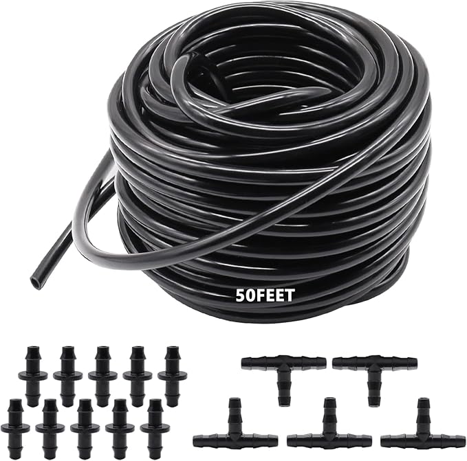 50FT 1/4" Blank Distribution Tubing Drip Irrigation Tubing Drip Irrigation Hose, Garden Watering Tube Line with 15PCS Drip Irrigation Barbed Connectors for Garden Irrigation System