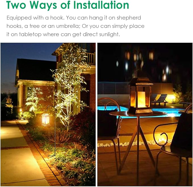 TomCare Solar Lights Metal Flickering Flame Solar Lantern Outdoor Hanging Lanterns Lighting Heavy Duty Solar Powered Waterproof LED Flame Lights for Patio Garden Christmas Decorations, 2 Pack (Bronze)