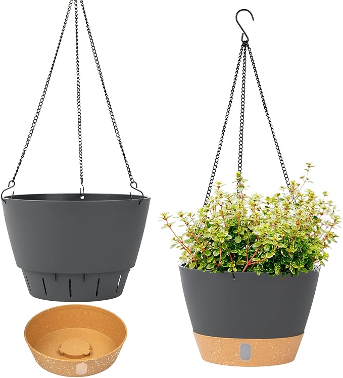 QCQHDU 2 Pack 8 inch Hanging Planters for Indoor Plants, Outdoor Hanging Baskets, Self Watering Pots with Drainage Holes & Removable Tray (Dark Grey, 8 inch)