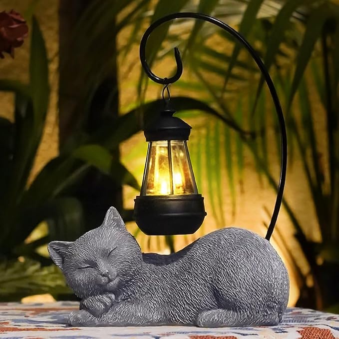 Solar Cat Outdoor Statues for Garden: Resin Cat Outside Decor with Solar Lantern Clearance for Yard Art, Cat Figurine Lawn Ornaments Porch Patio Balcony Home House - Birthday Gifts for Grandma Mom