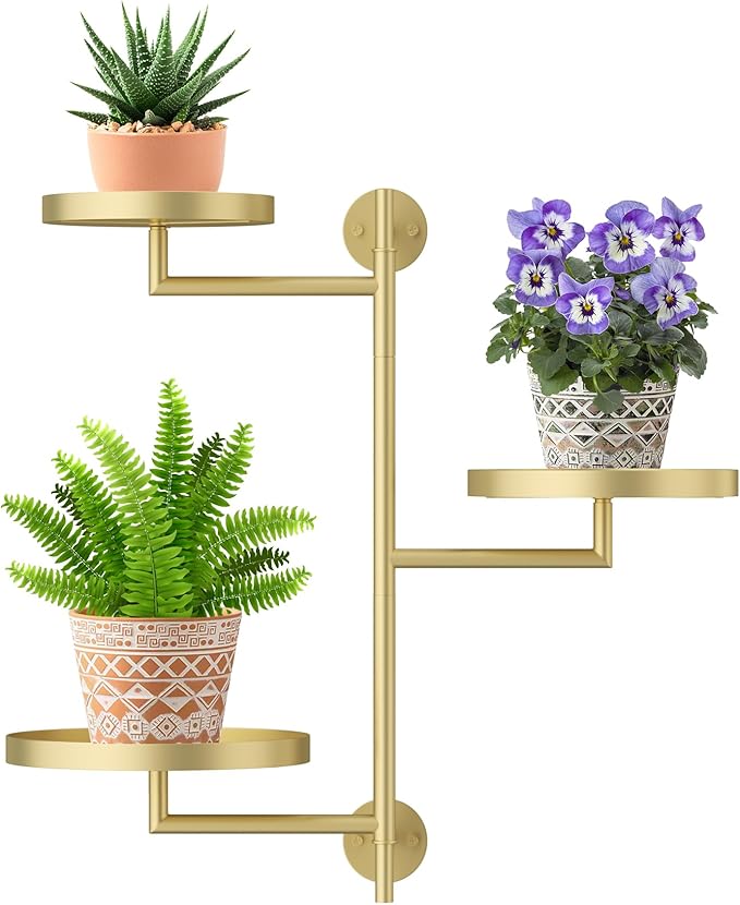 3-Tier Rotating Metal Window Plant Shelves Hanger, Wall-Mounted Gold Holder, Floating Shelf for Indoor Pots up to 6", Home Décor Gift for Plant Lovers