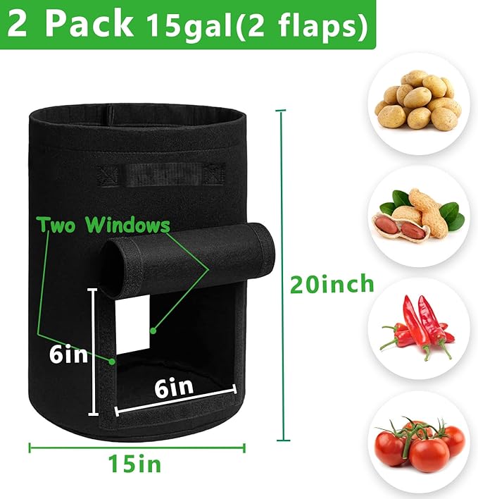 TCBWFY 2 Pack Potato Grow Bags with 2 Flaps 15 Gallon,Heavy Duty 14oz/yd² Planter Pot with Sturdy Handles and 2 Harvest Windows for Potato Tomato and Vegetables