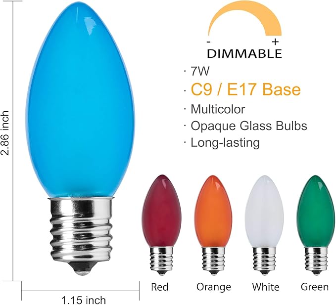 Multicolor C9 Christmas Lights Ceramic, C9 50ft Vintage Incandescent String Lights with Opaque Bulbs for Christmas Tree Patio Roofline Outdoor Indoor Holiday Xmas Decorations, 50 Bulbs with 2 Spare