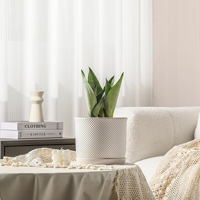 8 Inch Plant Pots: Ceramic Planter with Drainage Hole & Saucer - Flowerpot for Indoor & Outdoor Plants - Beaded Embossed Design White - with Separate Tray