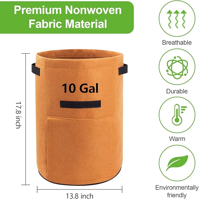 4 Pack Potato Growing Bag with Flap 10 Gallon Planter Pots with Handles and Harvest Window for Potato Tomato and Vegetables, Black Green Orange and Beige