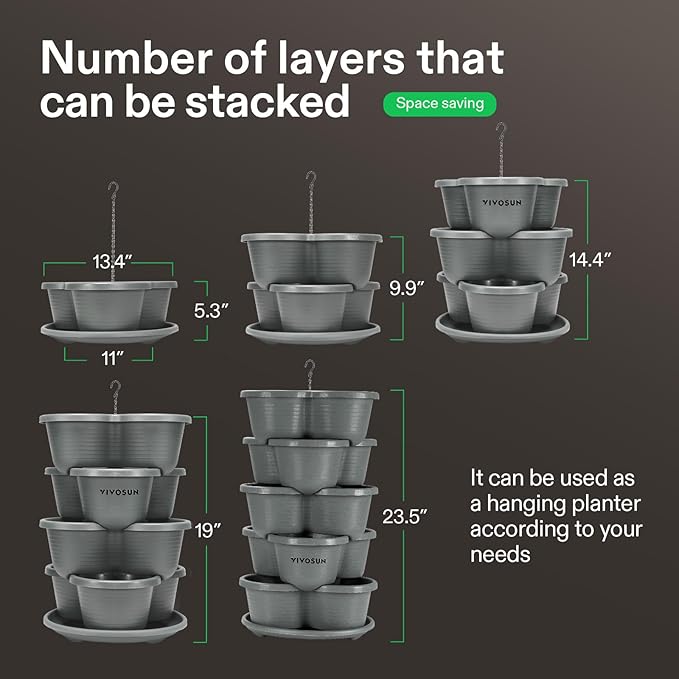 VIVOSUN 2-Pack 5 Tier Vertical Gardening Stackable Planter for Strawberries, Flowers, Herbs, Vegetables, Grey
