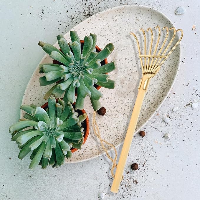 LOGOFUN 6Pcs Mini Zen Garden Rake Miniature Ash Rake Model Small Metal Rake Tiny Rake Planting Tools Decor for Crafts Photo Prop - Gold