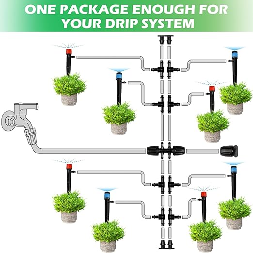 Drip Irrigation System：83FT Adjustable Irrigation Watering System for Garden Bed Greenhouse-Complete Drip Irrigation Kit with Mainline 1/4" Distribution Tubing Drip Emitters and Connectors