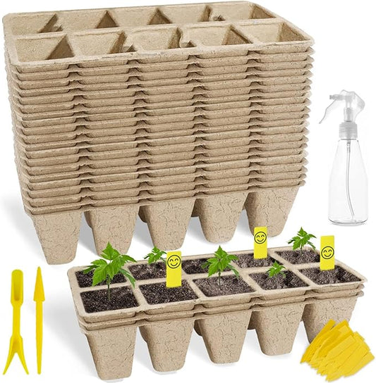 SYITCUN 400 Cells Seed Starter Tray, 40 Pack Biodegradable Seed Starter Kit, Peat Pots for Seedlings with 400 Plant Labels, 2 Seed Planting Tool and 1 Spray Bottle
