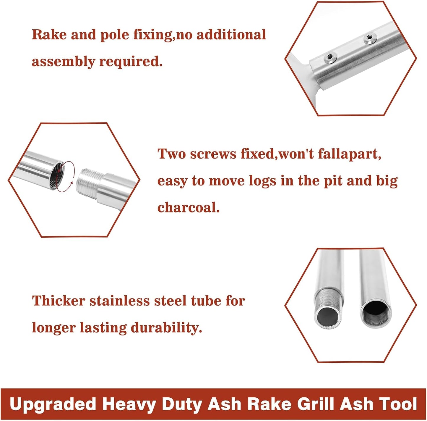 Coal Rake Grill Ash Tool, BBQ Charcoal Stainless Steel Rake for Pizza Oven - 32 Inches