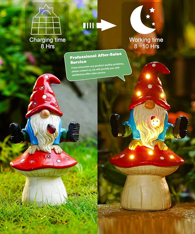 Solar Gnome Statues Outdoor Decor: Garden Figurines Sculpture with Mushroom for Yard Porch Patio Balcony - Gifts for Mother Grandma