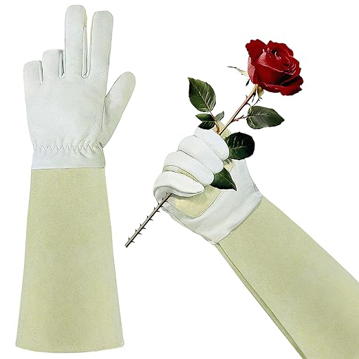 HLDD HANDLANDY Rose Pruning Gloves, Long Thorn Proof Gardening Gloves, Pigskin Leather Gauntlet with Padded Palm for Men & Women, Garden Gifts for Gardener (Large, Beige)