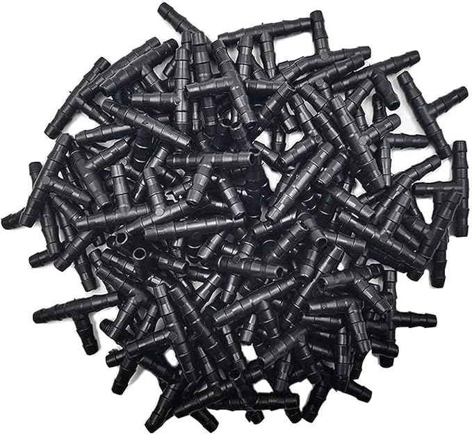Kalolary 200pcs 1/4" Universal Barbed Tee Fittings, Drip Irrigation Barbed Connectors for 1/4 Inch Water Hose Connectors 4mm/7mm Water Tube Drip Irrigation Watering System