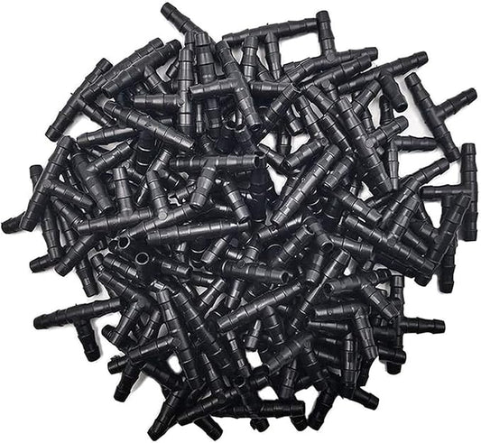 Kalolary 200pcs 1/4" Universal Barbed Tee Fittings, Drip Irrigation Barbed Connectors for 1/4 Inch Water Hose Connectors 4mm/7mm Water Tube Drip Irrigation Watering System