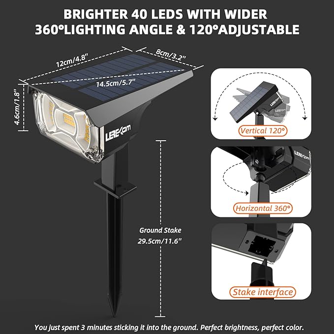 3 Brightness Modes Solar Outdoor Lights with Super Bright 40LEDs, 360 Adjustable Lighting Angle, USB Charging, Longer Working Time, Waterproof, Patio, Porch, Driveway