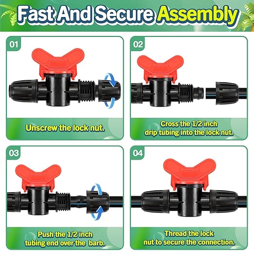 12 Pack Drip Irrigation Shut Off Valve Fittings for 1/2 Inch Drip Tubing(1/2" ID x 0.65" OD), Anti-drop Barbed 1/2'' Drip Line Ball Valve Connectors with Lock Nut for Garden Irrigation System