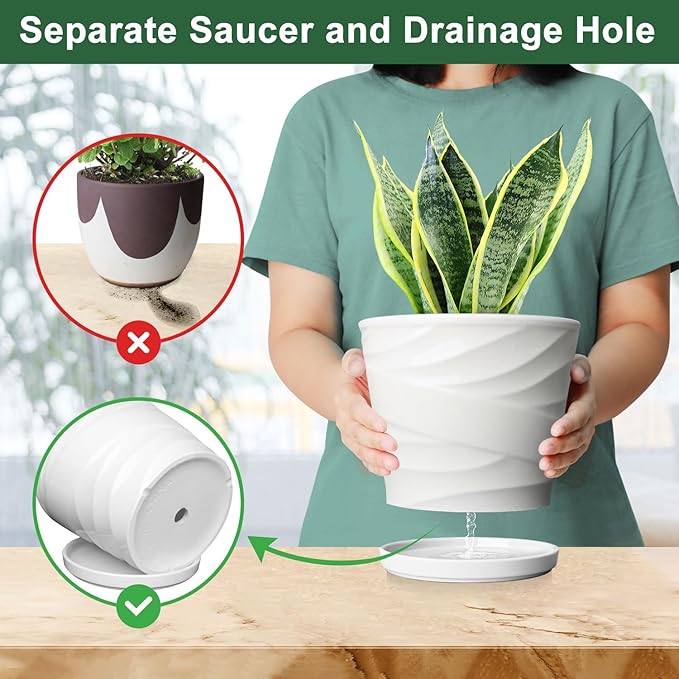 6.7 + 5.5 Inch Plant Pot, Ceramic Planter with Drainage and Saucer，Ceramic Pots for Plants, Indoor Plant pots，Succulent Orchid Flower Pot(Pure White)