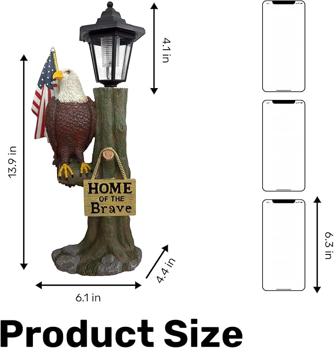 14x6 Inch Eagle Outdoor Solar Statue, Home of The Brave Outdoor Decorative Sculpture, Garden Decoration Outdoor Waterproof, Eagle Statue with American Flag for Patios, Yards, and Gardens