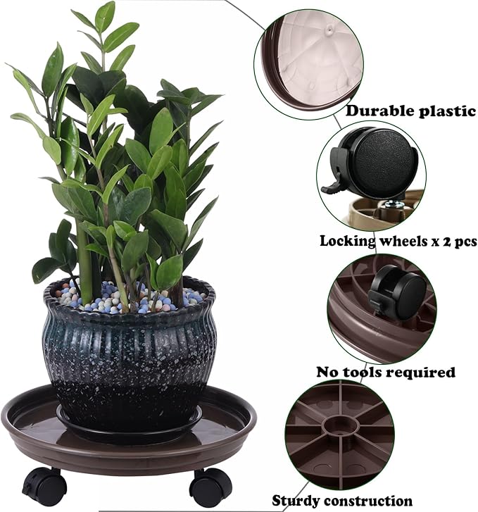 4 Packs Plant Caddy with Wheels 11.8" Plastic Rolling Plant Stands Heavy-Duty Plant Dolly with Casters Indoor Outdoor Plant Roller Base Plant Saucers on Wheels Plant Mover Coaster, Brown