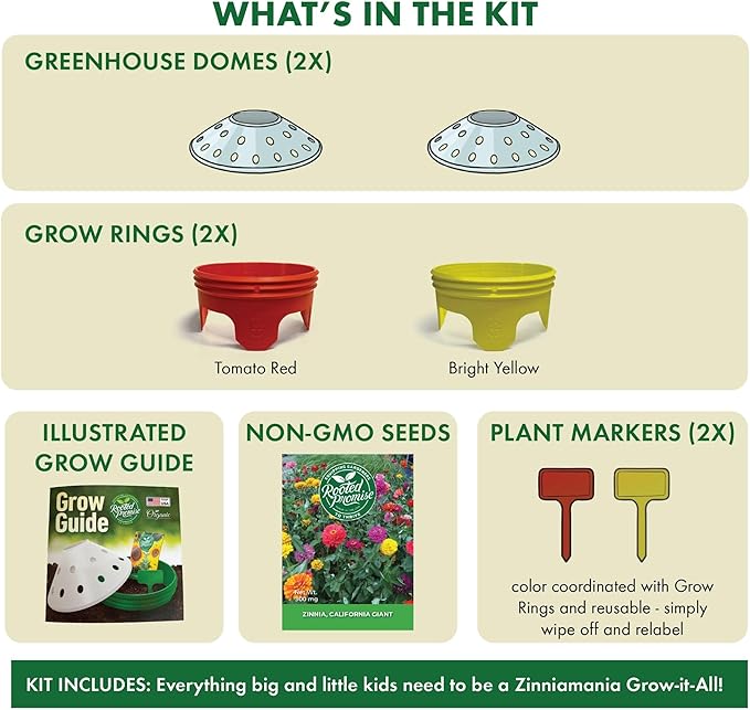 Kids Outdoor Zinnia Garden Kit - Complete Kit for Growing Your Own Zinnias from Seeds with Grow Rings and Greenhouse Germination Domes, Non-GMO Seeds, BPA-Free