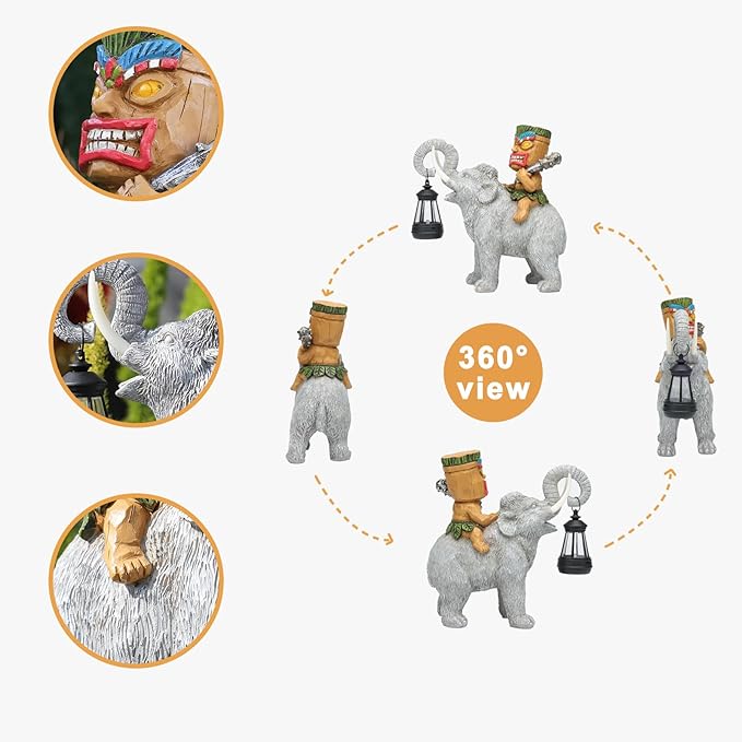 Solar Tiki Statue-Outdoor Statues-Tiki Bar Decor-Solar Powered Light Garden Figurine Tiki Decoration for Bar,Patio,Balcony,Yard,Lawn,Table,Riding A Elephant 9.09 Inches Tall