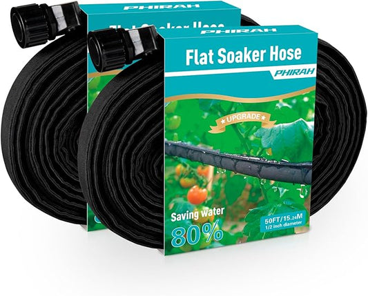 Flat Soaker Hose for Garden Bed, 100FT/50FT 2Packs 1/2" Linkable Consistent Drip Irrigation Hose Save 80% Water Leakproof Double Layer Sprinkler Garden Hose with Holes