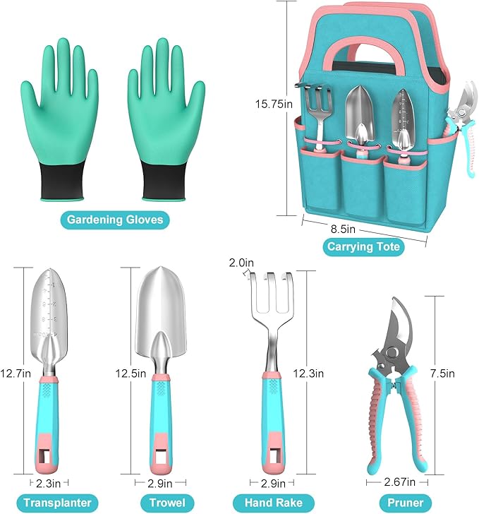 6 Pcs Garden Tool Set, Gardening Hand Tools Aluminum Alloy Starter Kit with Garden Bag, Heavy Duty Outdoor Tool Set with Ergonomic Handle, Gardening Gifts (No Flower Pattern)