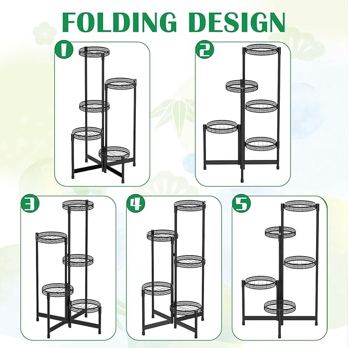 Black Metal Plant Stand for Indoor Outdoor 5 Tier Foldable Corner Tall Plant Shelf Display Stand for Multiple Plants Wrought Iron Flower Pot Holder for Living Room Balcony Garden Patio(5 tier01)