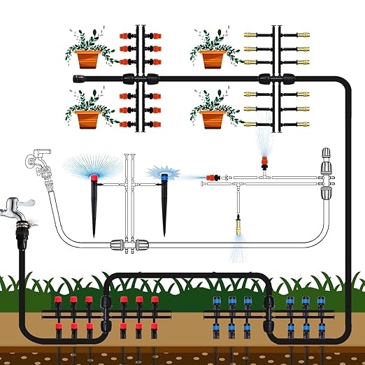 Drip Irrigation Kit, MUCIAKIE 233FT Irrigation System, Automatic Patio Misting Plant Garden Watering System with 1/4 inch 1/2 inch Black Distribution Tubing Hose Adjustable Nozzle Emitters Sprinkler