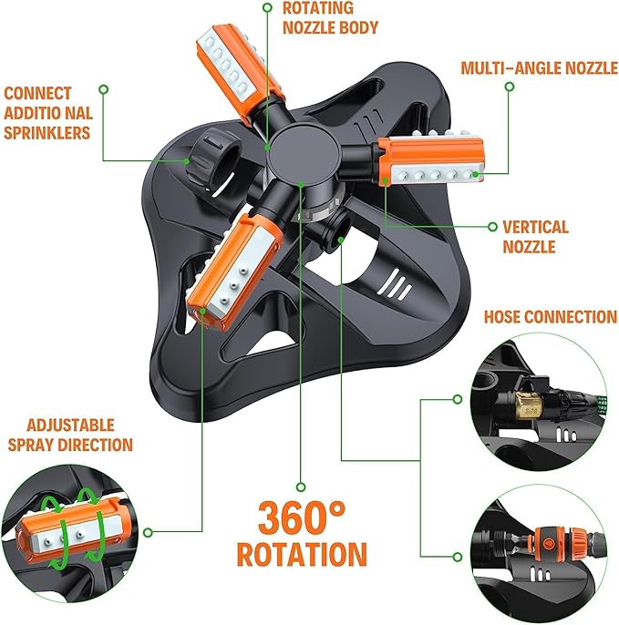 Lawn Sprinkler,Upgrade Garden Sprinkler Automatic 360 Degree Rotating Irrigation Grass Water Sprinkler System, Garden Hose Sprinkler for Yard/Built in 36 Units Angle Spray Nozzles-1Pack(Orange)