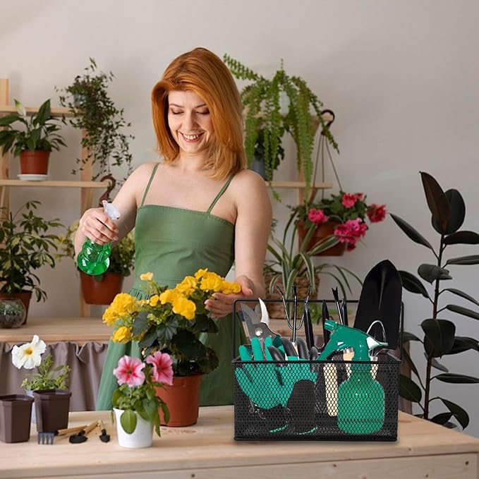 Garden Tool Basket Metal Mesh Gardening Kit Organizer Garden Hand Tools Arrange and Display Storage - Gardening Gifts for Women Men 10" L x 7" W x 4.75" H for Pruning Shears, Cultivator, Gloves