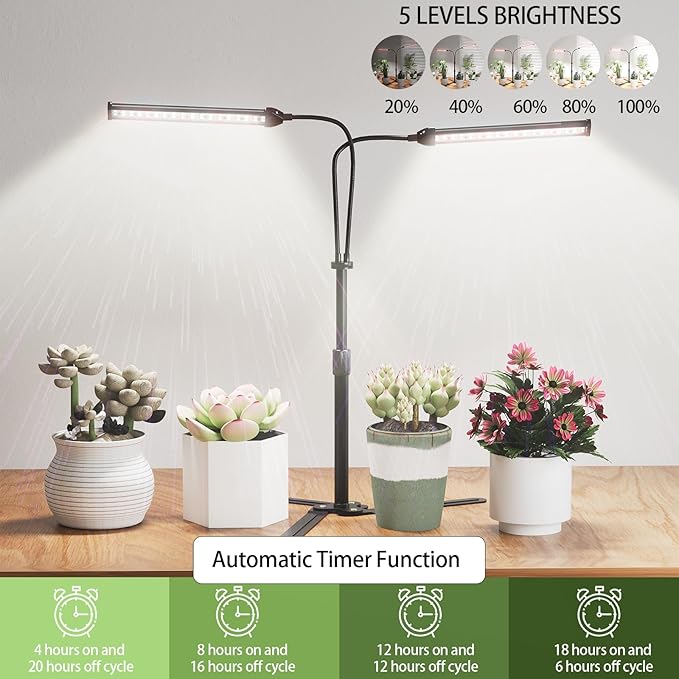 Grow Lights for Indoor Plant, 6000K Full Spectrum Plant Lights for Indoor Growing, 144 LED Grow Light, Height Extendable 9-16'', Auto On Off Timing 4/8/12/18Hrs