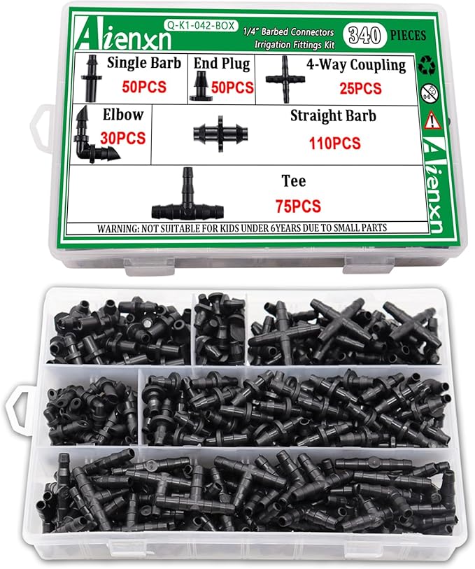 340PCS 1/4" Drip Irrigation Kit Barbed Connectors, Straight Barb, Tee, Single Barb, End Plug, Elbow, 4 Way Coupling Irrigation Fittings for Garden Lawn Flower Pot