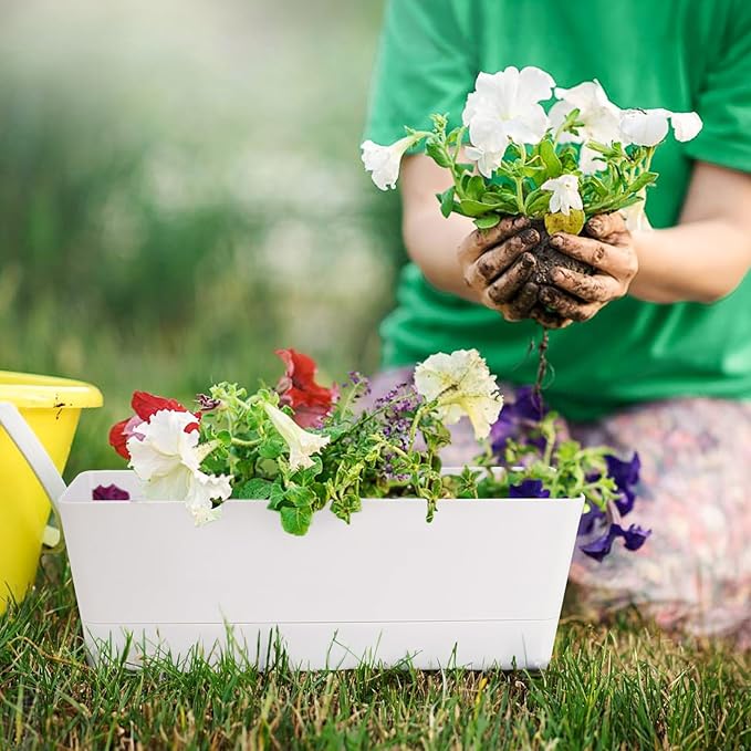 GREANER Herb Planter with Tray, 1 Pack 12x3.8 Inch Rectangle Window Box, Indoor Succulent Flowers Succulent Plastic Pot for Windowsill, Garden, Balcony, Office Outdoor Decoration - White
