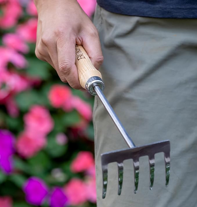 Burpee 11" Stainless Steel Tine Cultivator Durable Long Lasting Garden Tool Leather Wrist Strap Rake, 10 Year Warranty, Oak