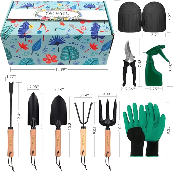 YAUNGEL Gardening Tools - 10Pcs Garden Tool Set Heavy Duty Stainless Steel Gardening Supplies Hand Tools with Wooden Handle, Storage Tote Bag, Ideal Gardening Gifts for Women and Men, Black