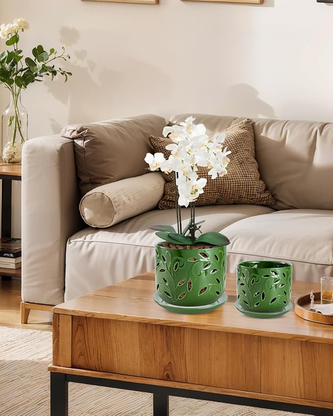 EFISPSS Orchid Pot with Holes, 5+6Inch Ceramic Plant Pots with Drainage Holes and Tray, Promoting Air Circulation and Drainage, Indoor/Outdoor Flower Pots-Green