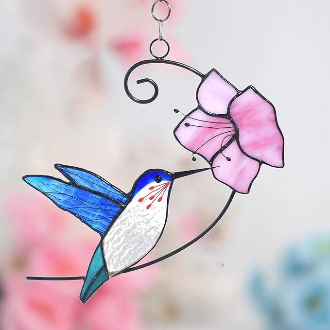 Lolitarcrafts Hummingbird with Flower Stained Glass Suncatcher Bird Stained Glass Window Hangings Hummingbird Gift for Home Decor (Blue with Flower)