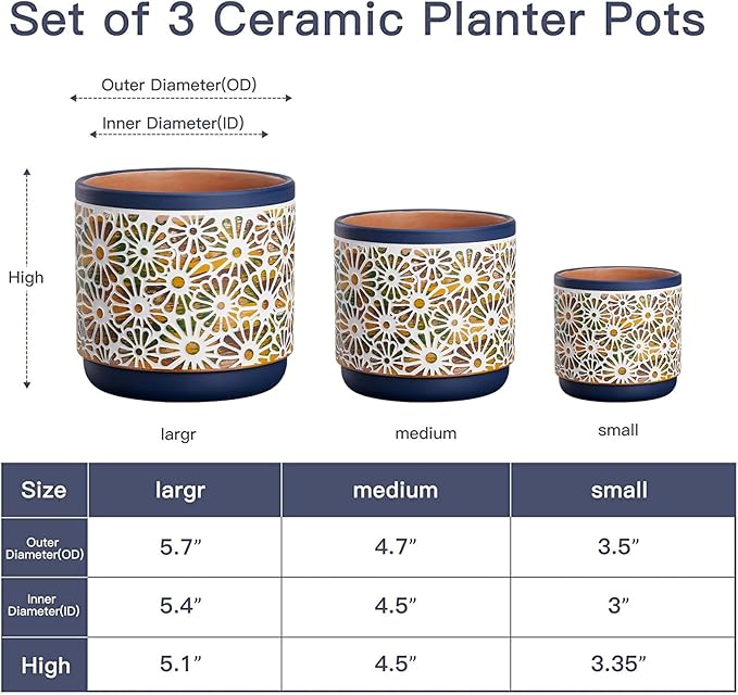 3 Piece Ceramic Plant Pots, 5.7/4.7/3.5/inch Planters with Drainage Hole, Outdoor Indoor Flower Pots Set, Modern Decorative Plant Pots for Lilies, Cacti, Succulents, Snakes, Bamboo(Blue)