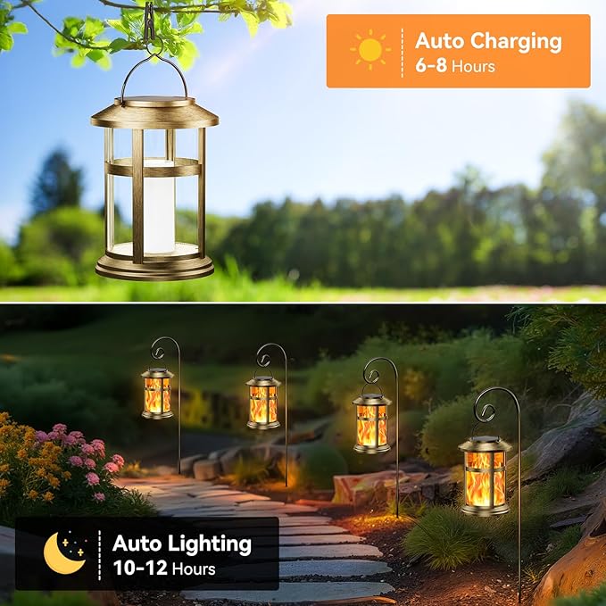 Wdtpro Solar Lanterns Outdoor Waterproof, 2 Pack Upgraded Flickering Flame Solar Lantern Outdoor Lights, Bright Hanging Lights for Outside, LED Lantern for Yard Garden Patio Decor (Antique Copper)