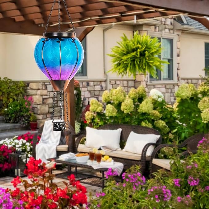 Starsoul 2 PC Blue Hot Air Balloon Solar Lantern with Flame Glass Hanging Outdoor Hot Air Balloon Solar Light Waterproof Garden Patio Yard Party Decorations