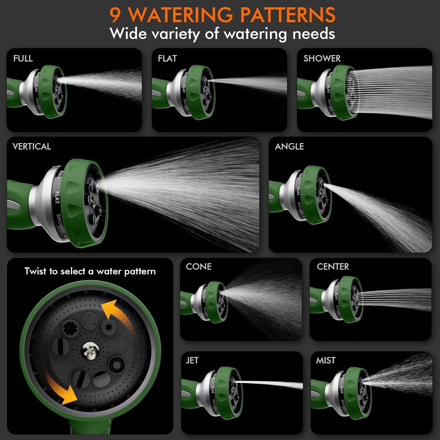 RESTMO Hose Nozzle Heavy Duty, Metal Water Hose Sprayer for Garden, 9 Spray Patterns | High Pressure | Thumb Flow Control | On/Off Valve, Ideal for Lawn & Plant Watering, Car & Pet Washing, Green