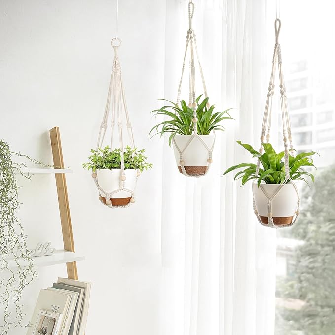 Mkono Hanging Planters, Macrame Plant Hangers with Self Watering Plant Pots Indoor Set of 3 Hanging Baskets Flower Pot Holders with Hooks No Tassels 3 Different Size for Boho Home Decor, Ivory