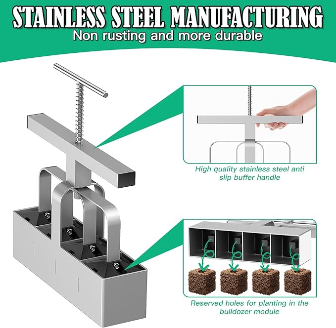 Soil Blocker, 4 Cell Hand Held Soil Blocker Come, 2 Inch Molds Soil Blocking Tool for Seeding, Germination,Grow Seedling，Stainless Steel Material