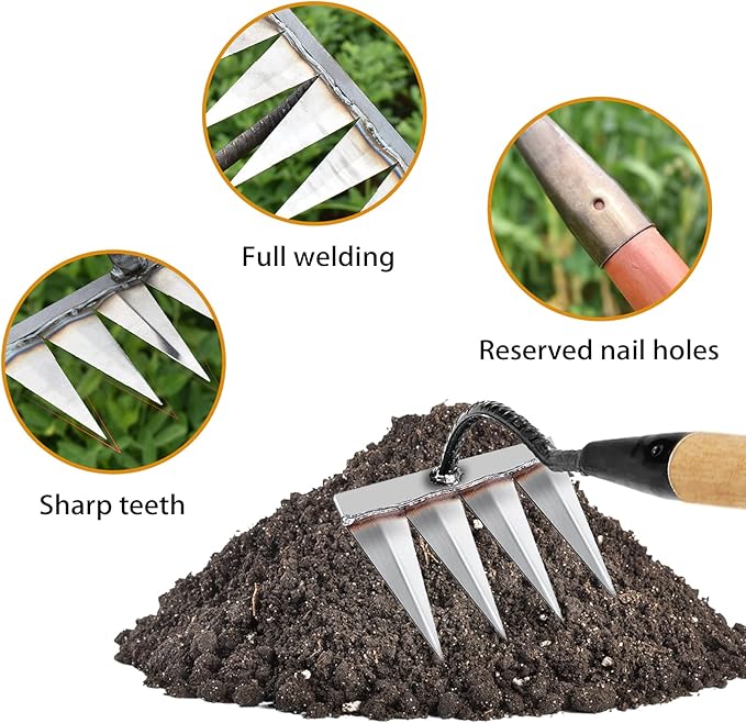 Iron Rake for Gardening and Weeding - Heavy Duty Garden Tool, Carbon Steel Hand Rake for Sturdy Dethatching, Heavy Duty Rake 4 Toothed Steel (Without Stick)