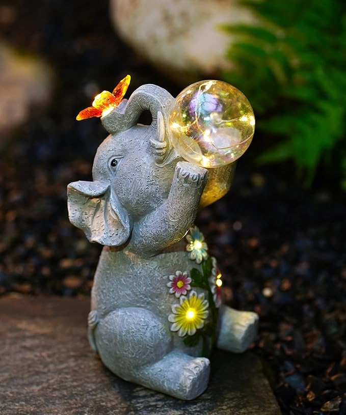 Solar Funny Elephant Statue for Garden: Outdoor Sculptures with Ball Lights and Butterfly Clearance Lawn Ornaments Yard Porch Patio Balcony - Gifts for Mom Grandma